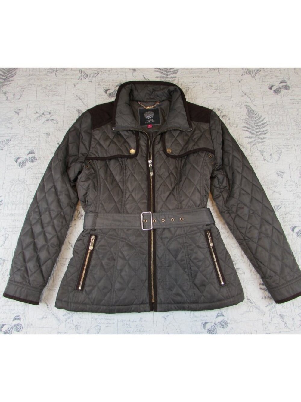 NEW Vince Camuto Jacket Coat Womens Quilted green Brown Belted gold harware XL
